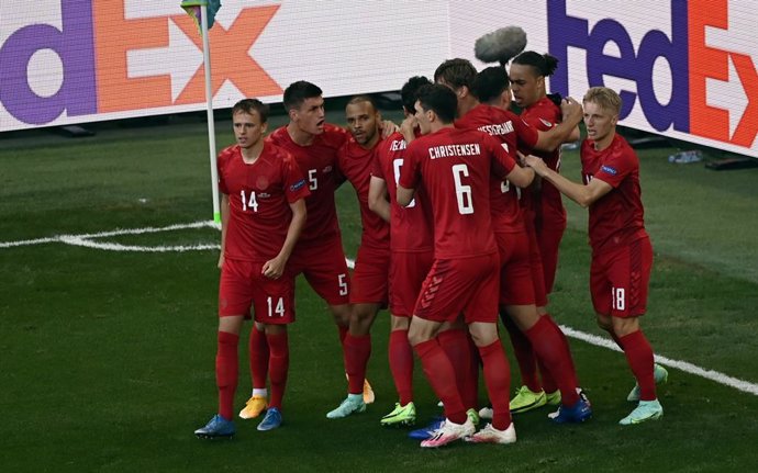 Danish players celebrates after scoring the 1-0 goal during a second game of the group stage (group B) at UEFA Euro 2020 championships between Belgian national soccer team Red Devils and Denmark, in Copenhagen, Denmark, Thursday 17 June 2021. BELGA PHOT