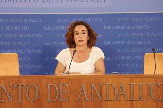 La portavoz parlamentaria adjunta de Adelante Andalucía, Ana Naranjo, en rueda de prensa.