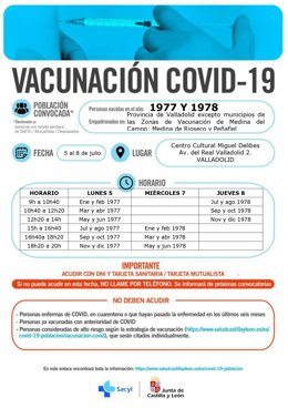 Cartel con los llamamientos de vacunación a las personas nacidas en Valladolid en 1977 y 1978.
