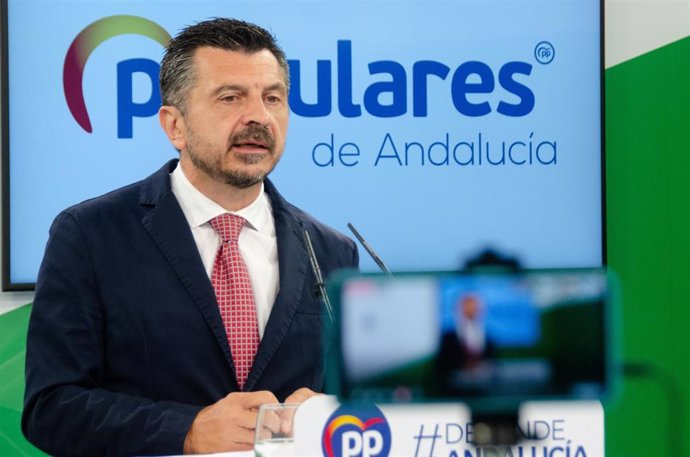 El vicesecretario general del PP Andaluz, Toni Martín, este lunes en rueda de prensa.