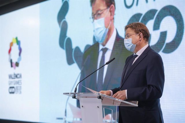 El president de la Generalitat, Ximo Puig, interviene en la presentación de la candidatura de València a los Gay Games 2026