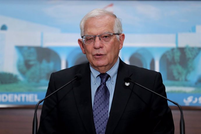 HANDOUT - 19 June 2021, Lebanon, Baabda: Josep Borrell, High Representative of the European Union for Foreign Affairs and Security Policy, speaks during a press conference after his meeting with Lebanese President Michel Aoun at the Baabda Presidential 
