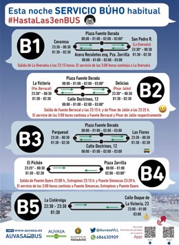 Información sobre los servicios nocturnos de Auvasa, que se recuperan este viernes.