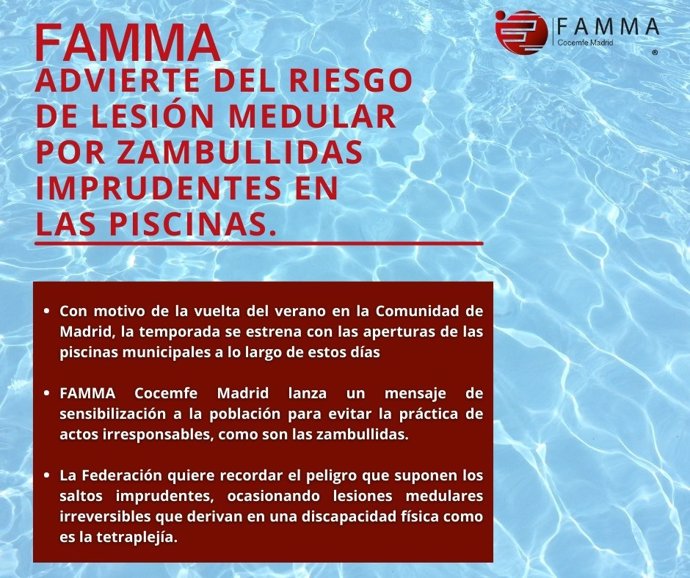 FAMMA advierte del riesgo de lesión medular por saltos imprudentes en las piscinas