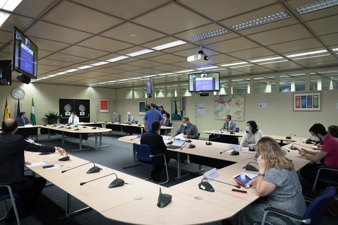 El presidente del Comité Europeo de las Regiones Apostolos Tzitzikostas (fondo i), en  la reunión  con el director EC- JRC Seville, Mikel Landabaso (fondo d), a 22 de junio del 2021 en Sevilla, Andalucía, España