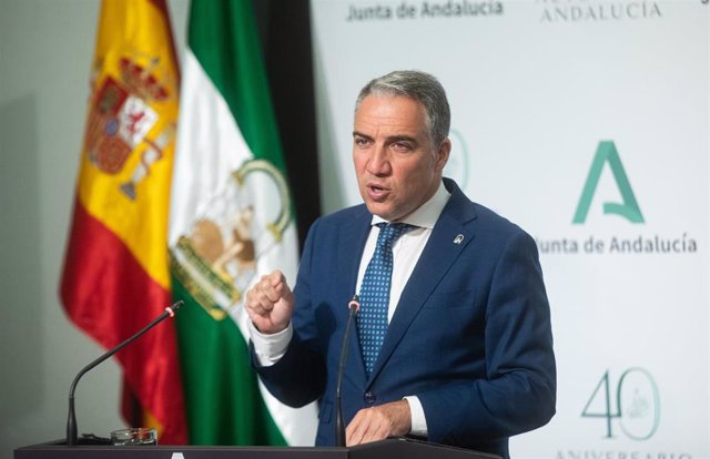 El consejero de  la Presidencia, Administración Pública e Interior y portavoz del Gobierno andaluz, Elías Bendodo, en la rueda de prensa tras la reunión semanal del Consejo de Gobierno a 22 de junio 2021 en el Palacio de San Telmo, Sevilla; Andalucía; Esp