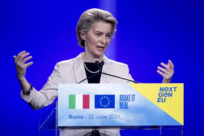 22 June 2021, Italy, Rome: President of the European Commission Ursula von der Leyen speaks during a joint conference with Italian Prime Minister Mario Draghi (Not Pictured) for the NextGenerationEU recovery plan, following their meeting at Cinecitta' s
