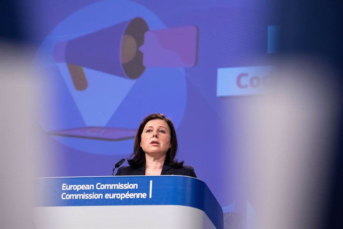 HANDOUT - 26 May 2021, Belgium, Brussels: European CommissionVice President for Values and Transparency Vera Jourova speaks during a press conference on the guidance for strengthening the code of practice on disinformation at the EU headquarters. Photo