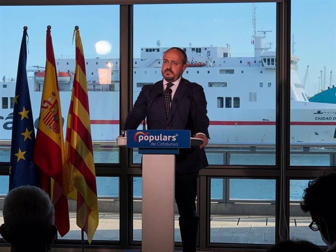 El presidente del PP catalán, Alejandro Fernández, en la conferencia 'La segunda parte del proceso separatista' en el Hotel Grand Marina de Barcelona, el marte 22 de junio de 2021.