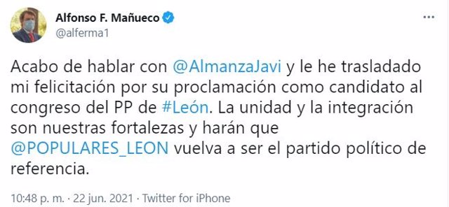 Mensaje de Fernández Mañueco en el que felicita a Javier Santiago Vélez.