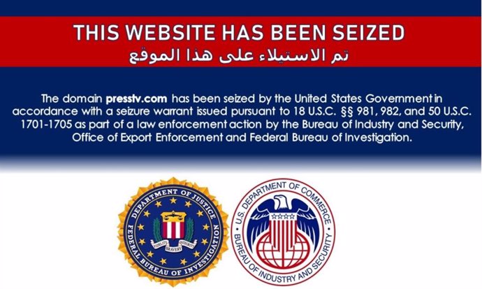 Mensaje publicado en la página web de la cadena de televisión de Irán Press TV tras su "confiscación" por parte de EEUU