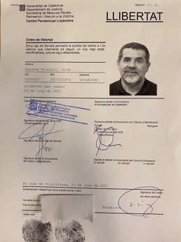 Orden de liberación del secretario general de Junts, Jordi Sànchez, que será excarcelado de Lledoners (Barcelona)