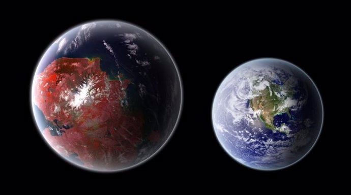 Una representación artística del planeta potencialmente habitable Kepler 422-b (izquierda), comparado con la Tierra (derecha).