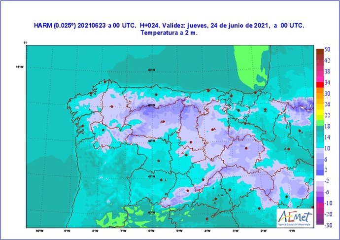 Mapa facilitado por la Aemet sobre la previsión meteorológica en CyL en la noche de San Juan