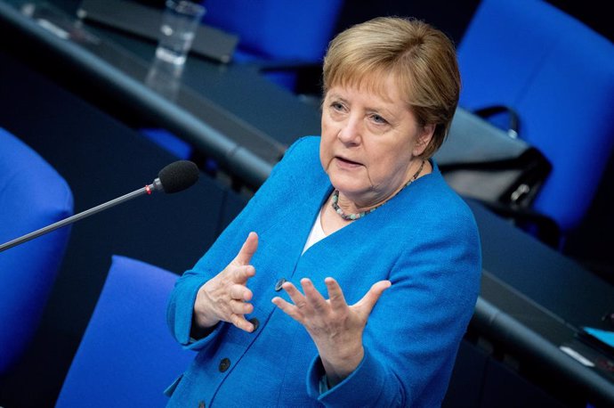 23 June 2021, Berlin: German Chancellor Angela Merkel speaks during a plenary session of the Bundestag in the last government questioning during her term in office. Photo: Kay Nietfeld, Christoph Soeder/dpa