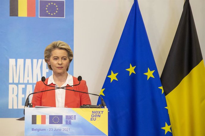 23 June 2021, Belgium, Brussels: European Commission President Ursula Von der Leyen speaks during a press conference following her meeting with Belgian Prime Minister Alexander De Croo. Ursula visits Belgium to hand over the evaluation of the European C