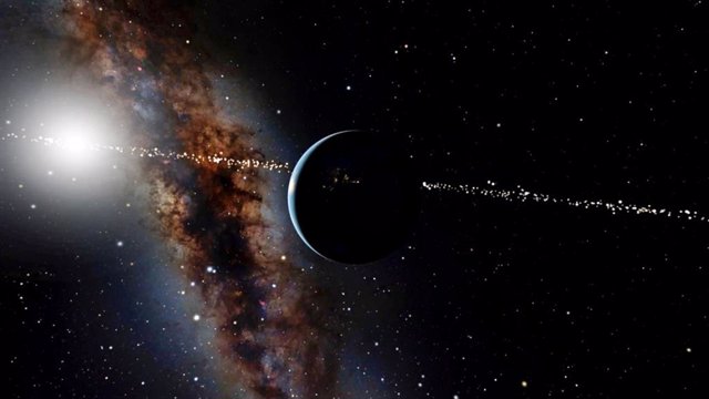 Esta vista artística de la Tierra y el sol desde miles de kilómetros por encima de nuestro planeta, muestra que las estrellas (con exoplanetas en su propio sistema) pueden entrar y salir de una posición para ver la Tierra en tránsito por el sol.