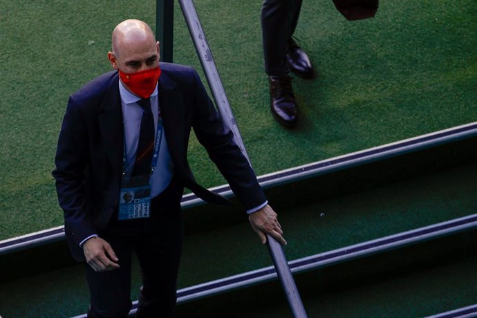 Luis Rubiales, President of the Spanish Football Federation, is seen during the UEFA EURO 2020 Group E football match between Spain and Poland at La Cartuja stadium on June 19, 2021 in Seville, Spain.