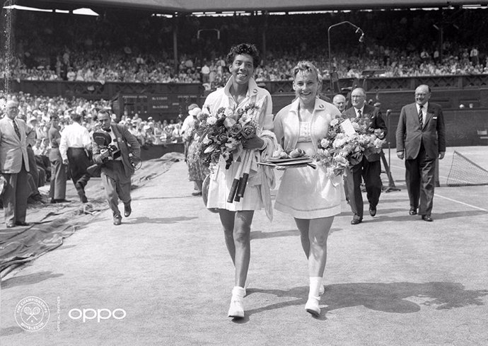 Althea Gibson (Photo: AELTC)  The first African American woman to win Wimbledon, Althea Gibson is pictured in full colour, leaving the court with her compatriot Darlene Hard after a hard-fought battle. Using one billion colours, the image, originally in
