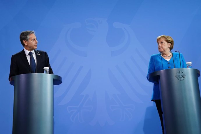 23 June 2021, Berlin: USSecretary of State Antony Blinken (L)and German Chancellor Angela Merkel hold a joint press conference following their meeting at the Federal Chancellery in Berlin. Photo: Clemens Bilan/EPA Pool/dpa