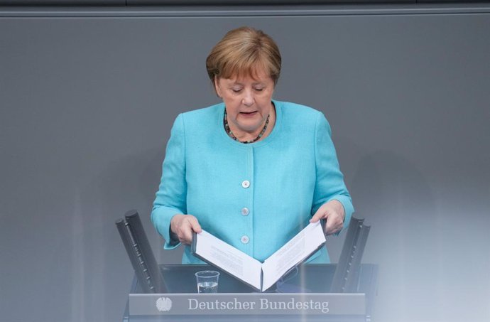 24 June 2021, Berlin: German Chancellor Angela Merkel makes a government statement on the upcoming EU summit during a plenary session of the German Bundestag. Photo: Kay Nietfeld/dpa