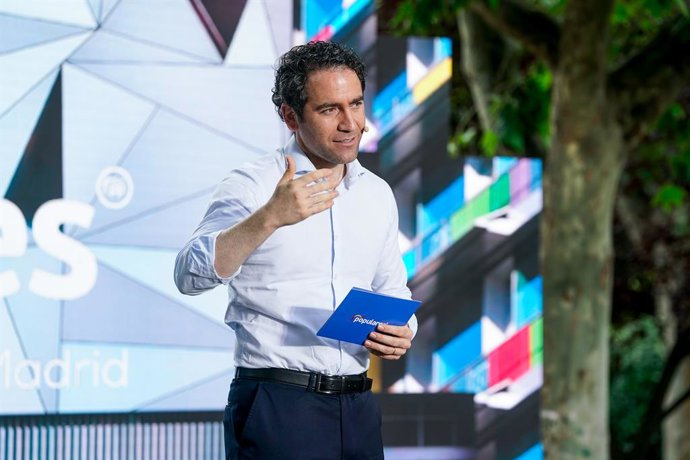 El secretario general del Partido Popular, Teodoro García Egea, interviene en un acto para celebrar los dos años del PP en la Alcaldía de la capital, a 16 de junio de 2021, en Madrid (España). Organizado por Grupo Popular Municipal, el acto quiere conme