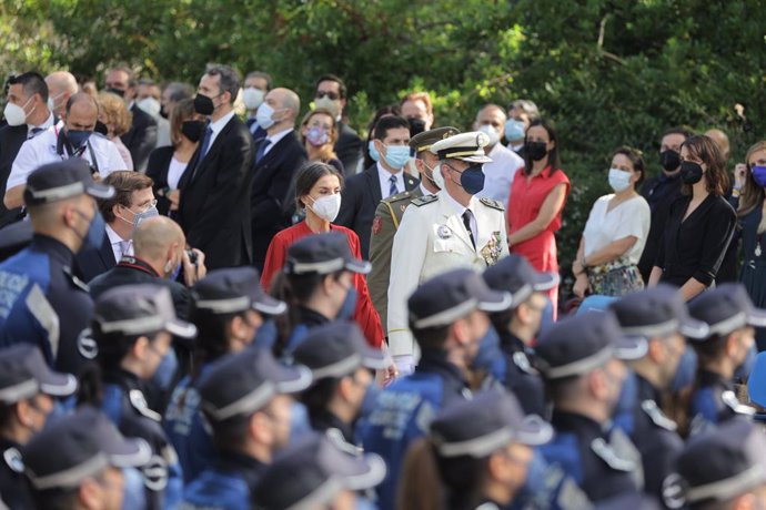 La Reina Letizia llega al evento celebrado con motivo del día de 'San Juan Bautista. Patrón de la Policía Municipal de Madrid, a 24 de junio de 2021, en Madrid (España).