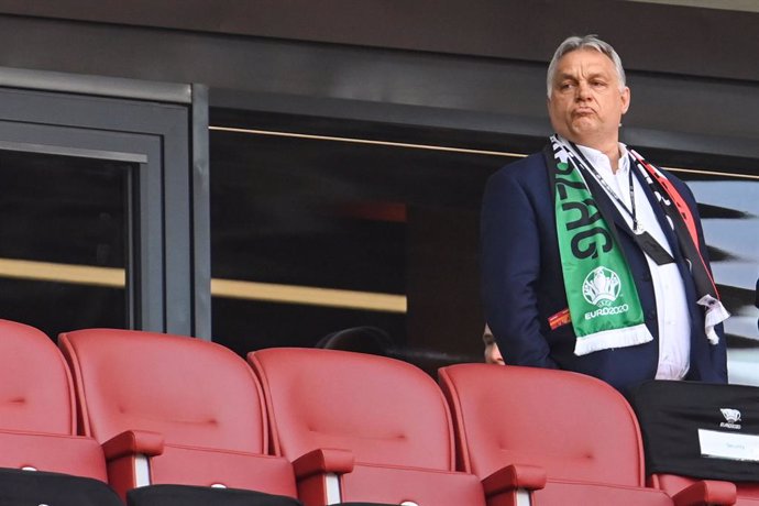 15 June 2021, Hungary, Budapest: Hungarian Prime Minister Viktor Orban is seen in the stands prior to the start of the UEFAEURO2020 Group F soccer match between Hungary and Portugal at the Puskas Arena. Photo: Robert Michael/dpa-Zentralbild/dpa