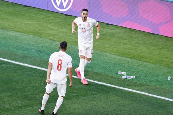 Ferran Torres of Spain celebrates a goal during the UEFA EURO 2020 Group E football match between Slovakia and Spain at La Cartuja stadium on June 23, 2021 in Seville, Spain.