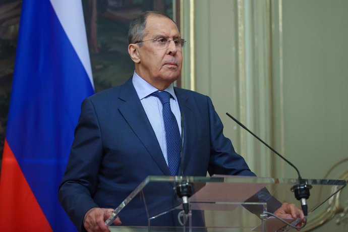 HANDOUT - 18 June 2021, Russia, Moscow: Russian Foreign Minister Sergei Lavrov holds a joint press conference with Belarusian Foreign Minister Vladimir Makei (not pictured) following their meeting. Photo: -/Russian Foreign Affairs Ministry/dpa - ATTENTI