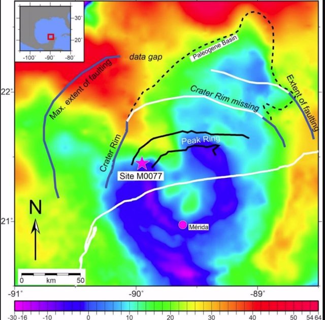 Ubicación del sitio de perforación M0077 en el cráter de Chicxulub, península de Yucatán, México como se ve usando datos de gravedad.