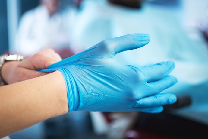 Archivo - Female doctor's hands putting on blue sterilized surgical gloves.