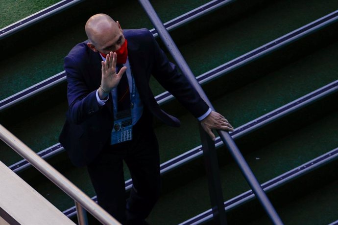 Luis Rubiales, President of the Spanish Football Federation, is seen during the UEFA EURO 2020 Group E football match between Spain and Poland at La Cartuja stadium on June 19, 2021 in Seville, Spain.
