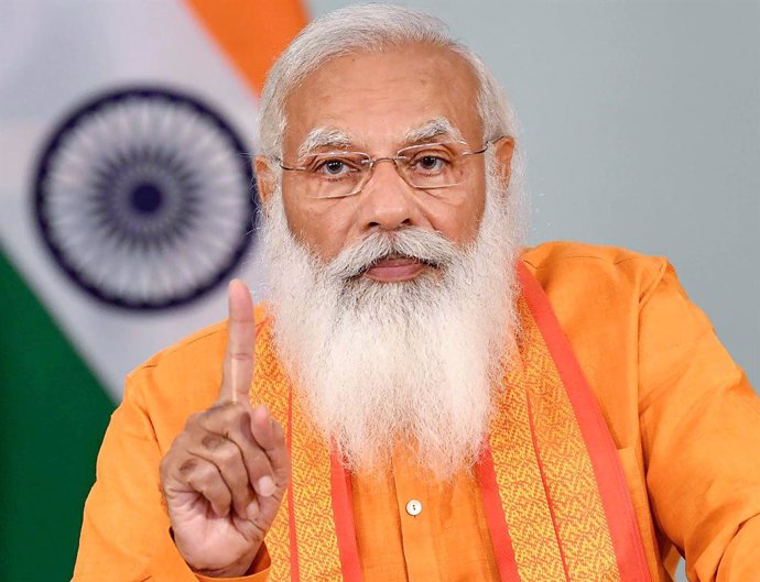 21 June 2021, India, New Delhi: Indian Prime Minister Narendra Modi delivers a speech via video conference on the occasion of International Day of Yoga. Photo: -/Indian government via PTI/dpa