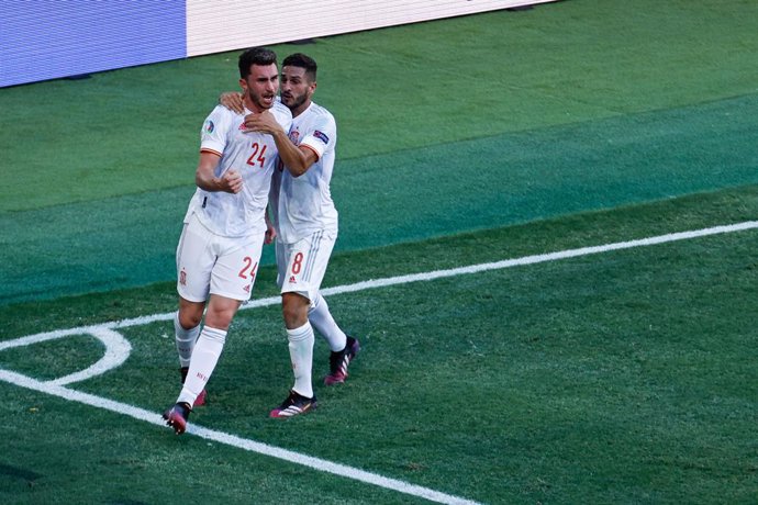 Aymeric Laporte of Spain celebrates a goal with teammates during the UEFA EURO 2020 Group E football match between Slovakia and Spain at La Cartuja stadium on June 23, 2021 in Seville, Spain.