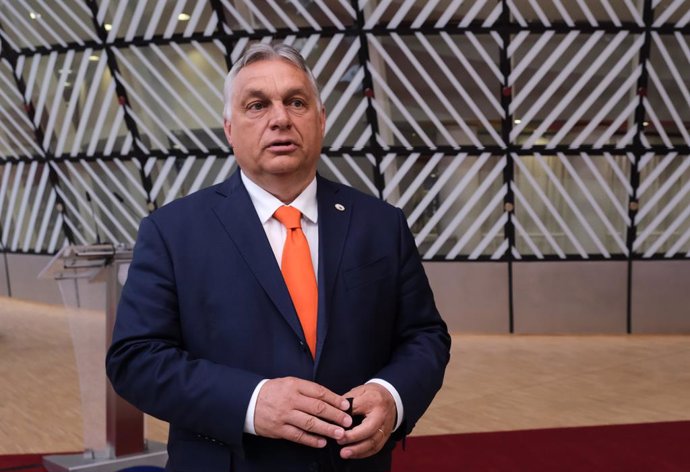 HANDOUT - 24 June 2021, Belgium, Brussels: Hungarian Prime Minister Viktor Orban, speaks to media as he arrives on the first day of a two-days European Union summit at the European Council. Photo: Alexandros Michailidis/European Council/dpa - ATTENTION: