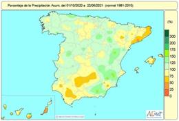 Mapa de precipitaciones recogidas en España del 1 de octubre de 2020 hasta el 22 de junio de 2021.