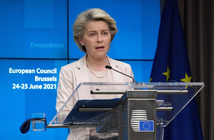 HANDOUT - 25 June 2021, Belgium, Brussels: President of the European Commission Ursula von der Leyen speaks during a press conference after a two-days European Union summit at the European Council. Photo: Alexandros Michailidis/European Council/dpa - AT