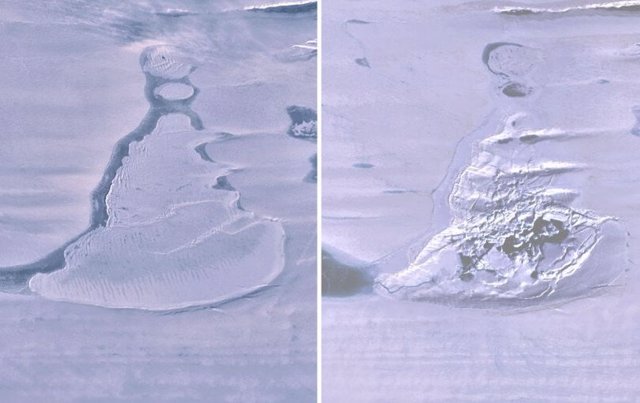 Imágenes de Landsat 8 sobre la plataforma de hielo del sur de Amery muestran el lago cubierto de hielo antes del drenaje y la dolina de hielo resultante con agua de deshielo de verano.Imágenes de Landsat 8 sobre la plataforma de hielo Amery