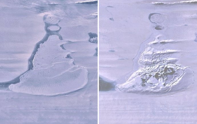 Imágenes de Landsat 8 sobre la plataforma de hielo del sur de Amery muestran el lago cubierto de hielo antes del drenaje y la dolina de hielo resultante con agua de deshielo de verano.Imágenes de Landsat 8 sobre la plataforma de hielo Amery