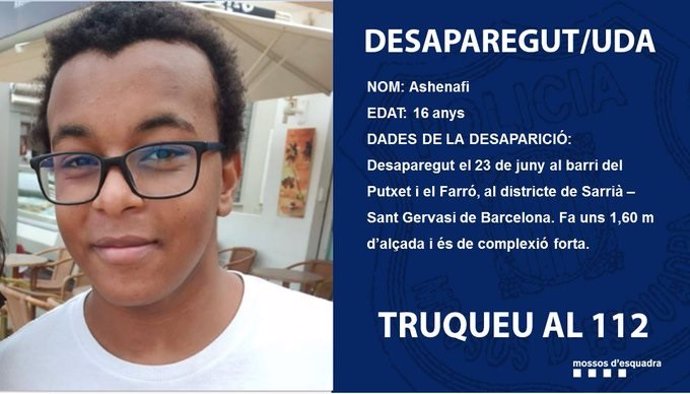 Foto d'Ashenafi, l'adolescent de 16 anys de Barcelona que va desaparixer abans de la revetlla de Sant Joan.  