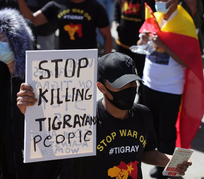 Protesta por el centro de Londres para protestar contra la guerra en la región de Tigray en Etiopía.