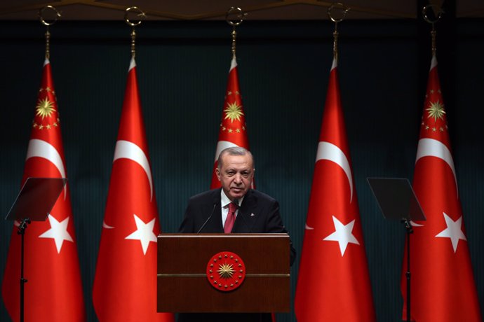 HANDOUT - 31 May 2021, Turkey, Ankara: Turkish President Recep Tayyip Erdogan gives a press statement following a Cabinet meeting at the Presidential Complex. (Best Quality Available) Photo: -/Turkish Presidency/dpa - ATTENTION: editorial use only and o