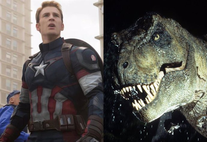 Chris Evans como Capitán América junto a uno de los dinosaurios de Jurassic Park
