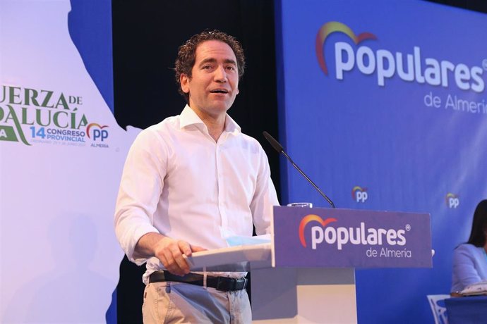 El secretario general del PP, Teodoro García, durante la clausuran el 14 Congreso Provincial del PP a 26 de junio del 2021 en Almería (Andalucía)
