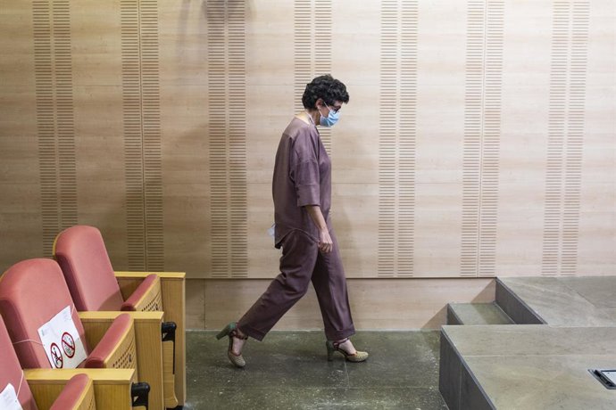 La Ministra de Exteriores, Arancha González Laya, a su llegada a una rueda de prensa con su homólogo iraquí, a 25 de junio de 2021, en el Palacio de Viana, Madrid, (España).