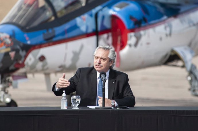 25 June 2021, Argentina, Cordoba: President of Argentina Alberto Fernandez speaks during the delivery of an IA-63 Pampa III Block II aircraft to the Air Force at the Fabrica Argentina de Aviones "Brigadier San Martin" S.A,  Argentina's main aircraft man