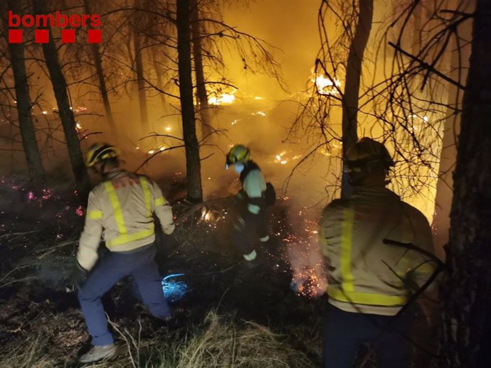 Los Bombers de la Generalitat trabajan para apagar el incendio que ha empezado en Alfarrs (Lleida).