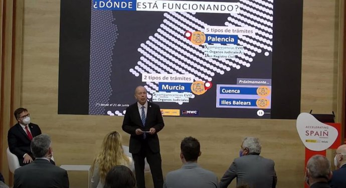 El ministro de Justicia, Juan Carlos Campo, interviene en el Mobile World Congress (MWC) de Barcelona. En L'Hospitalet de Llobregat, el 28 de junio de 2021.