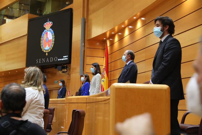 Archivo - Los miembros de la Mesa del Senado guardan dos minutos de silencio, uno en memoria de Susana y de Eugenia, víctimas mortales de violencia machista, y otro en memoria de las víctimas del Covid-19, al inicio de una sesión de control al Gobierno 